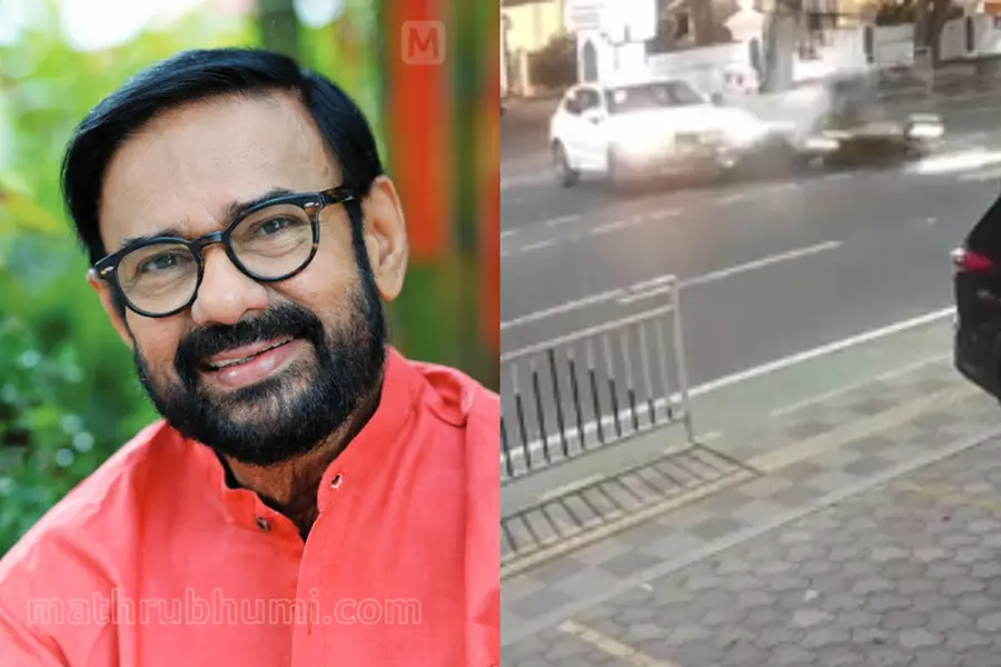 A combined image featuring a portrait of actor Maniyanpilla Raju on one side and a grainy CCTV still showing the car and bike collision near Trivandrum Club on the other
