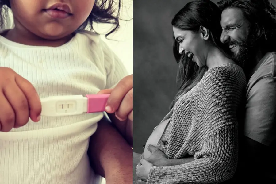 A combined image featuring a close-up of little Dua holding a pregnancy test kit showing two pink lines on one side, and a beautiful studio portrait of Deepika Padukone and Ranveer Singh holding Dua during a photoshoot on the other