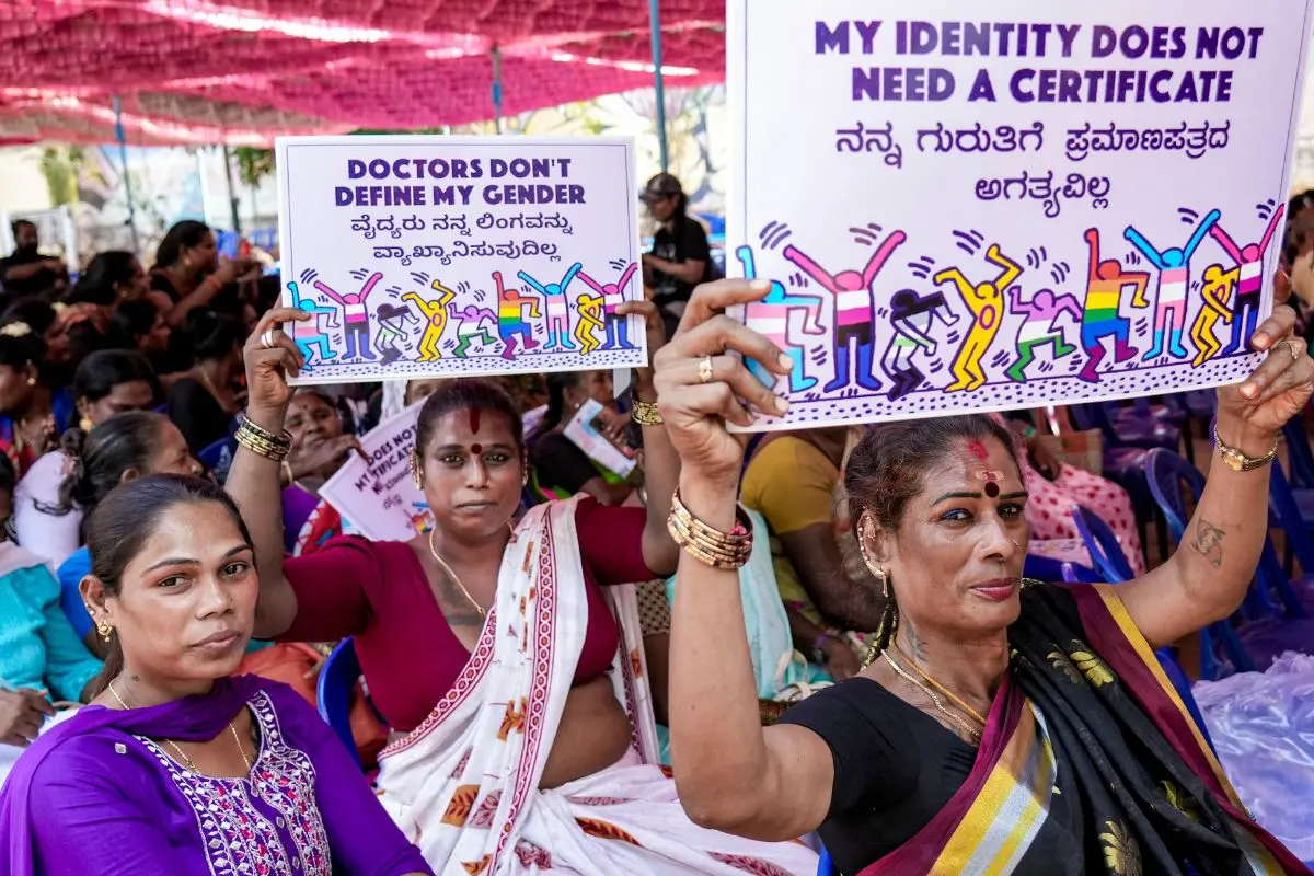 People from the LGBTQ+ community stage a protest against the Transgender Persons (Protection of Rights) Amendment Act, 2026, at Freedom Park in Bengaluru, Saturday, April 11, 2026 (Photo: PTI)