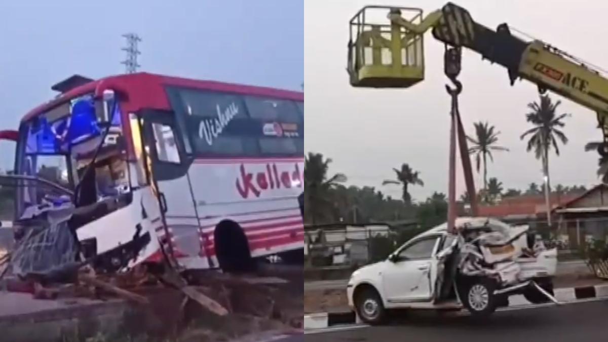 Mysore-Bengaluru highway accident: Car, bus crash near Mandya leaves 4 hurt | VIDEO