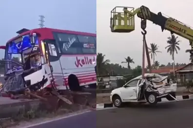 Mysore-Bengaluru highway accident: Car, bus crash near Mandya leaves 4 hurt | VIDEO