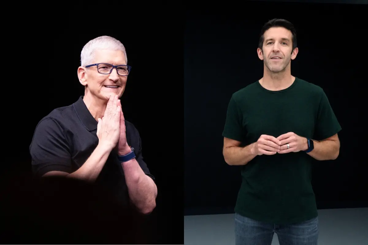 Apple CEO Tim Cook (L) and Senior Vice President of Hardware Engineering John Ternus