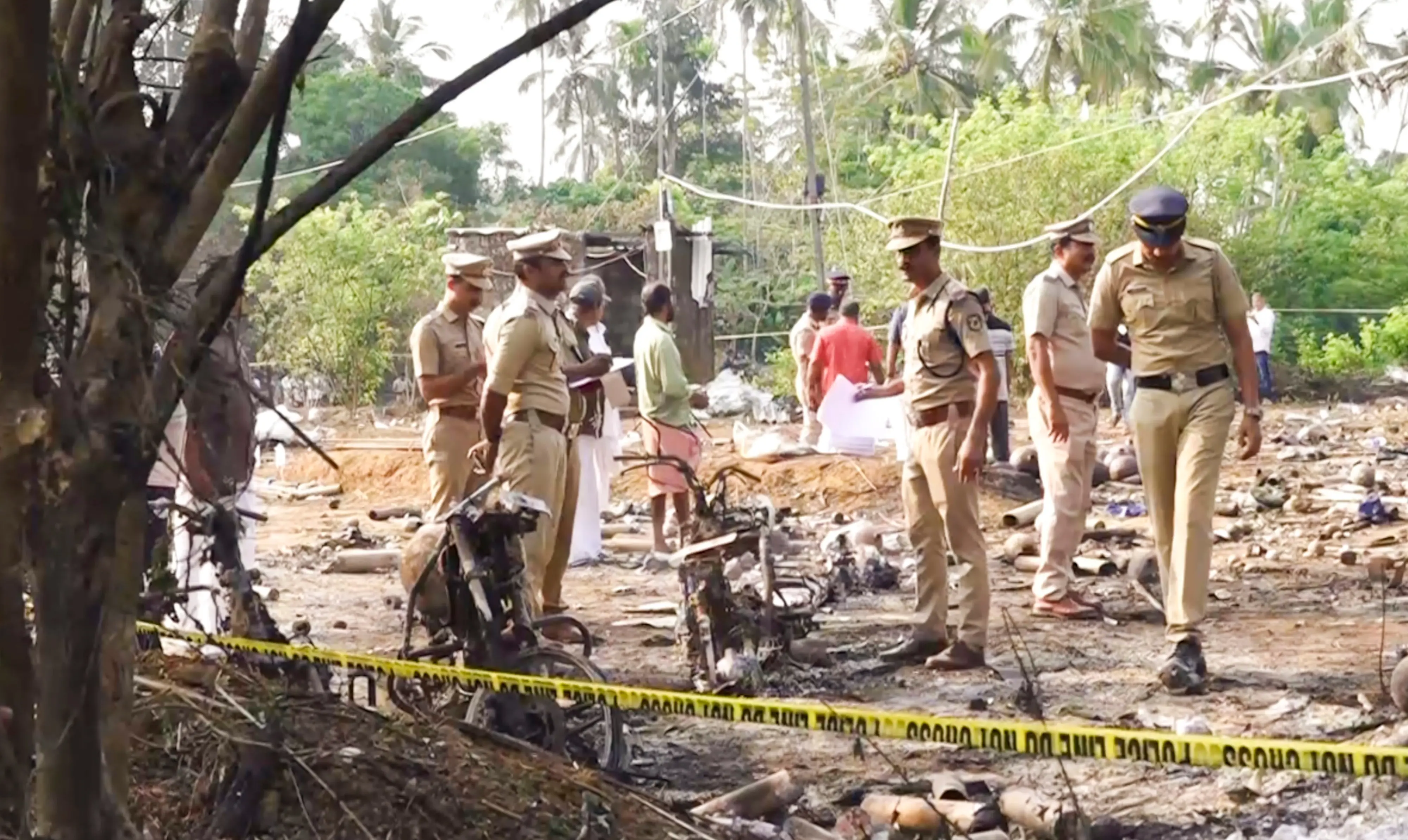 Police officials conduct a search operation after a blast at a fireworks manufacturing unit at Mundathicode in Kerala's Thrissur district | PTI