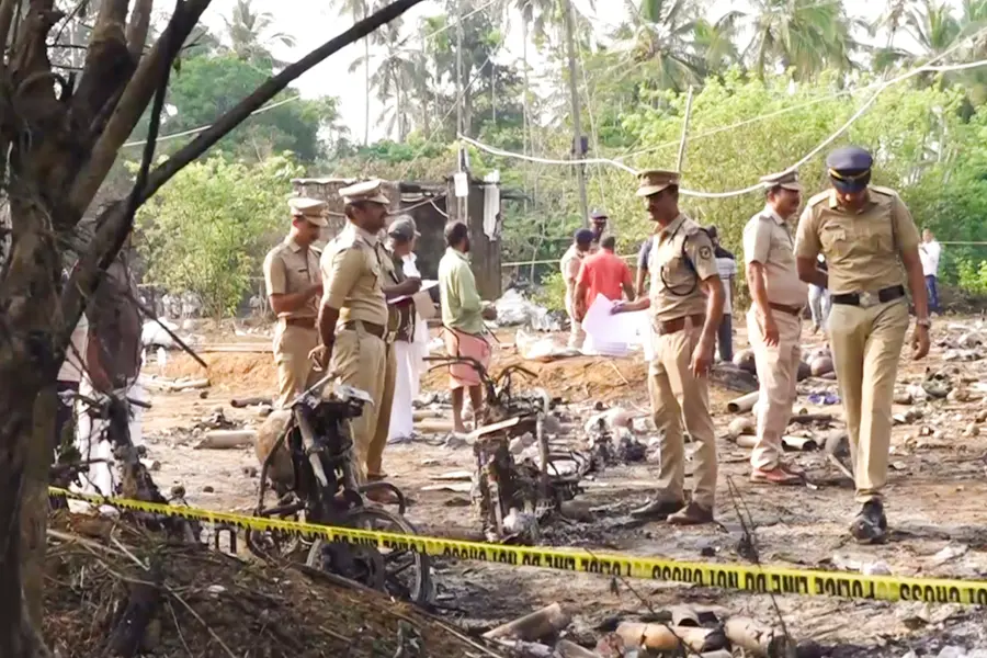 Police officials conduct a search operation after a blast at a fireworks manufacturing unit at Mundathicode in Kerala’s Thrissur district | PTI