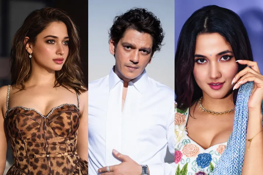 A three-panel collage featuring Tamannaah Bhatia (left), Vijay Varma (center), and Aaliyah Qureishi (right), illustrating the transition from his past relationship to the new dating rumors