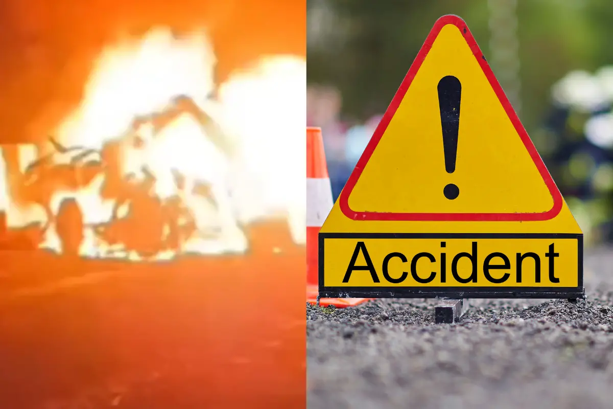 Vehicle catches fire after accident in Mirzapur