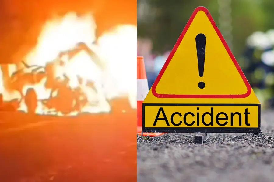 Vehicle catches fire after accident in Mirzapur