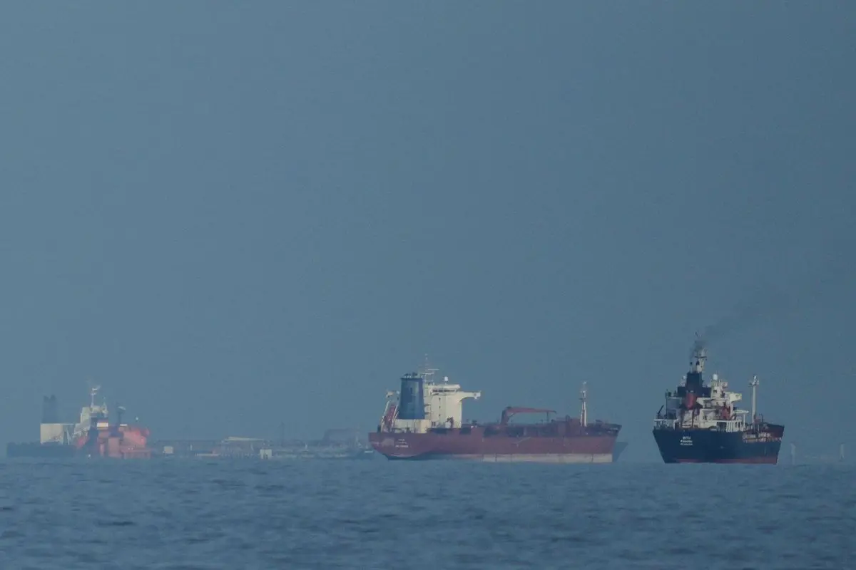 Oil tankers and cargo ships line up in the Strait of Hormuz as seen from Khor Fakkan, United Arab Emirates (File photo: AP)