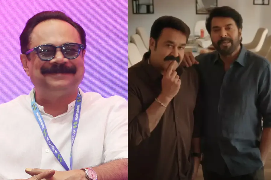 A combined image featuring director Prakash Varma (left) and Malayalam superstars Mohanlal and Mammootty together during the 'Patriot' promotional chat show (right)