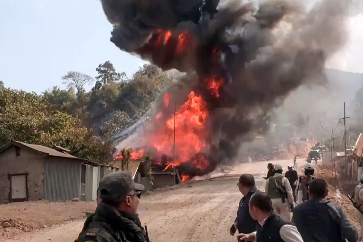Security personnel deployed after a violent clash between the Tangkhul and Kuki tribes at Litan village, in Ukhrul on Monday. (ANI Video Grab)