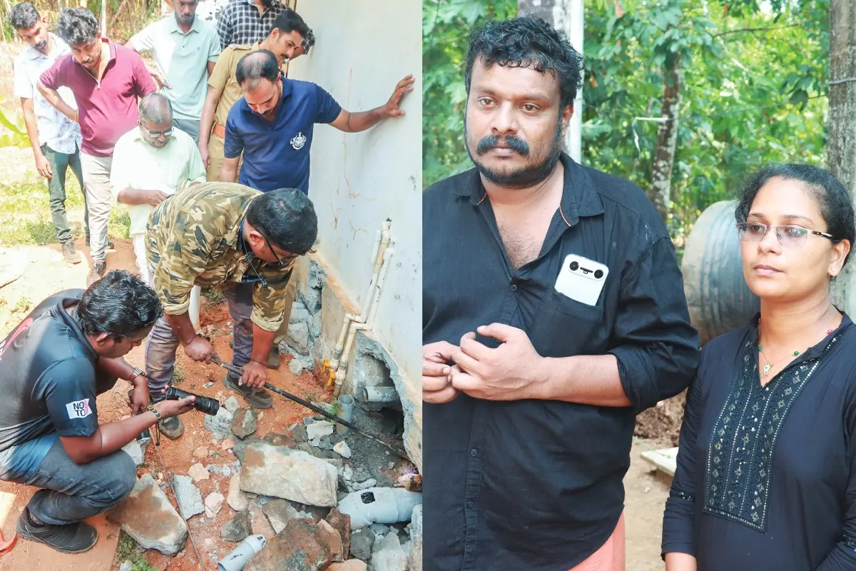 Forest officials are inspecting by breaking open the wall leading to the toilet at Aljo's house, where Aljo died after a snake bite. Aljo's father Siljo and mother Johnsy are watching the inspection taking place at their house after his death from a snake bite. | Photo: Prajwal Suresh
