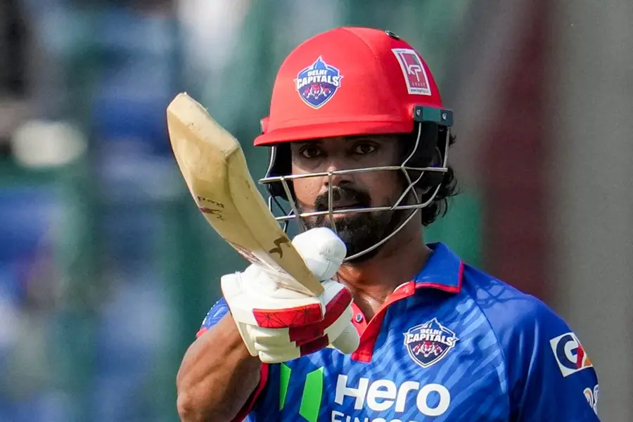 Delhi Capitals' KL Rahul celebrates his century during the Indian Premier League (IPL) 2026 T20 cricket match between Punjab Kings and Delhi Capitals
