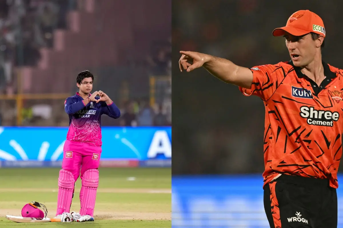Rajasthan Royals' Vaibhav Sooryavanshi (L) and Sunrisers Hyderabad's captain Australian cricket player Pat Cummins