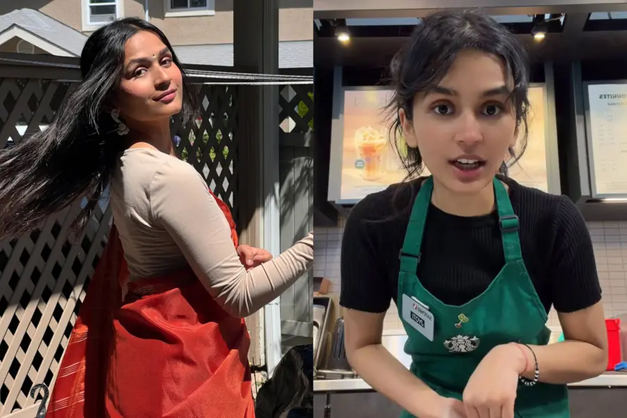 A cheerful young Indian woman in a coffee shop setting, representing the hardworking spirit of international students in Canada