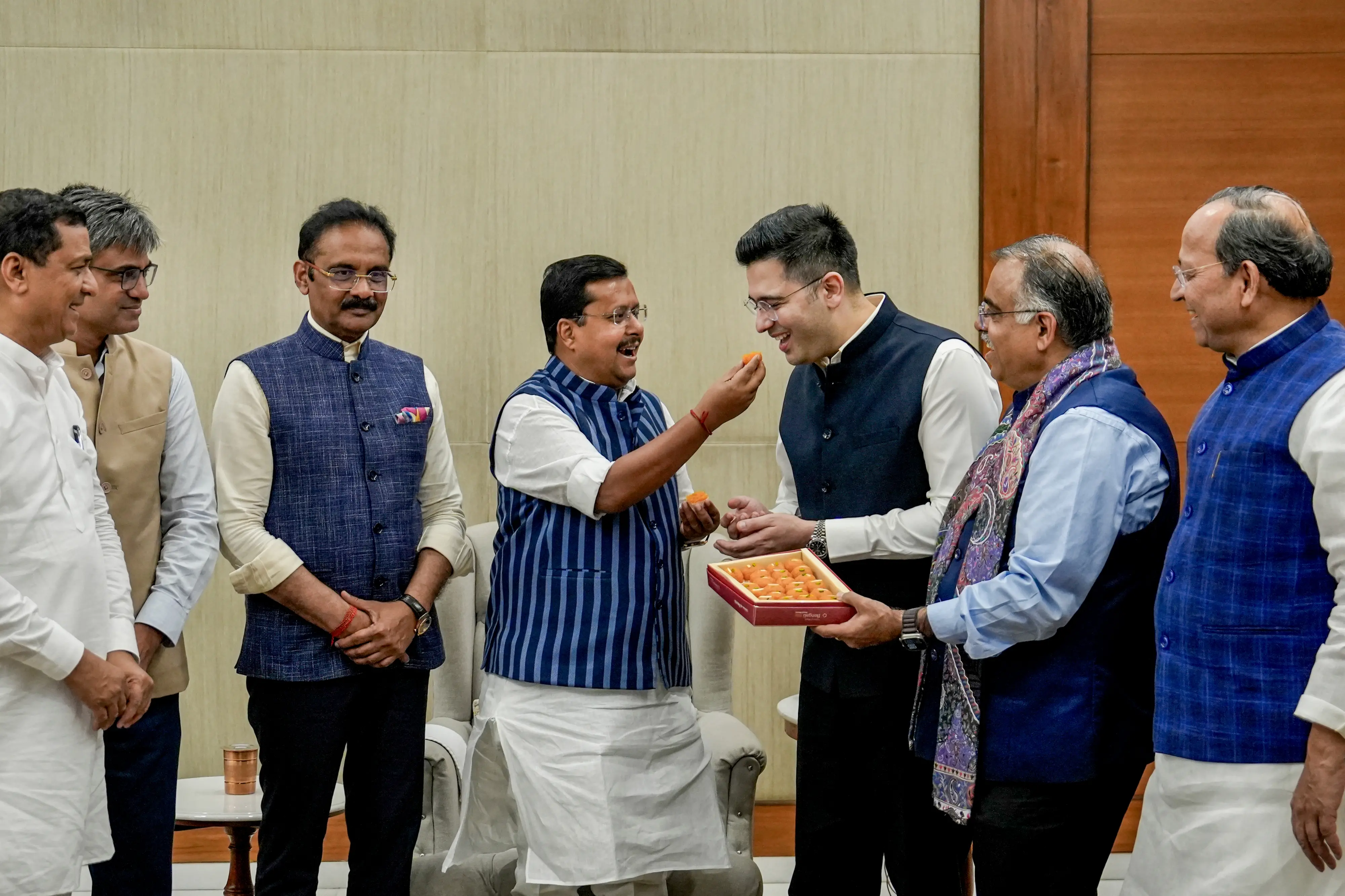 BJP National President Nitin Nabin meets Rajya Sabha MPs Raghav Chadha, Sandeep Pathak and Ashok Mittal at the party's headquarters | PTI