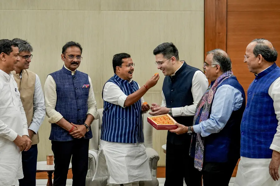 BJP National President Nitin Nabin meets Rajya Sabha MPs Raghav Chadha, Sandeep Pathak and Ashok Mittal at the party's headquarters
