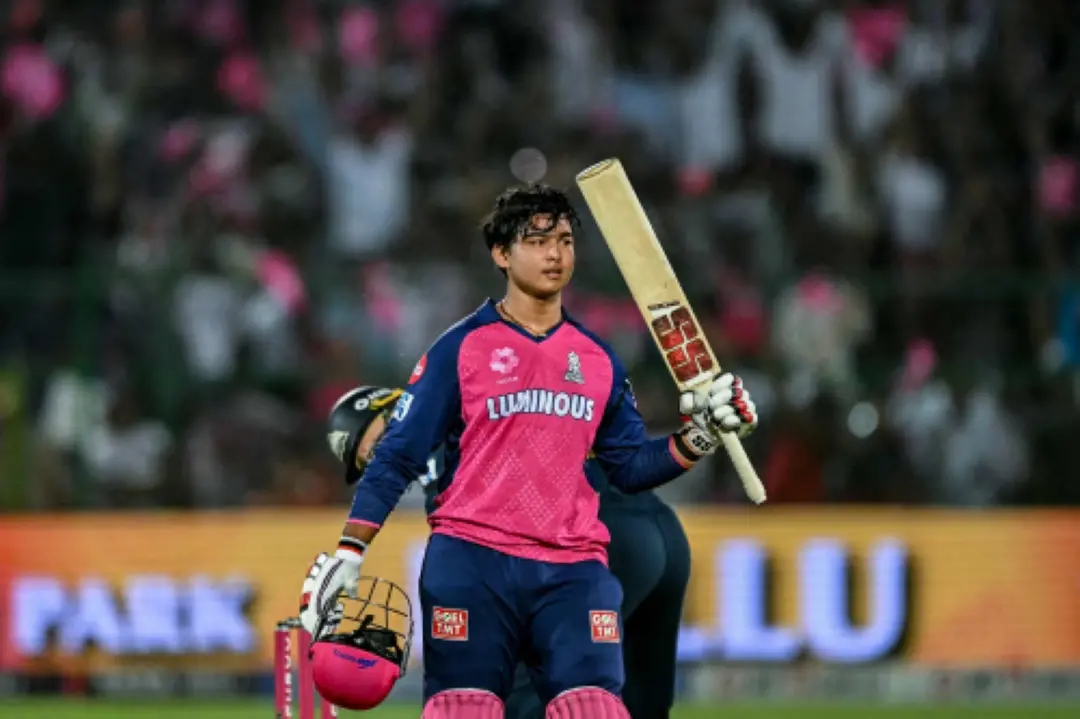 Rajasthan Royals' Vaibhav Suryavanshi celebrates after scoring a century (100 runs) during the Indian Premier League (IPL) Twenty20 cricket match between Rajasthan Royals and Gujarat Titans at the Sawai Mansingh Stadium in Jaipur. | Photo: AFP
