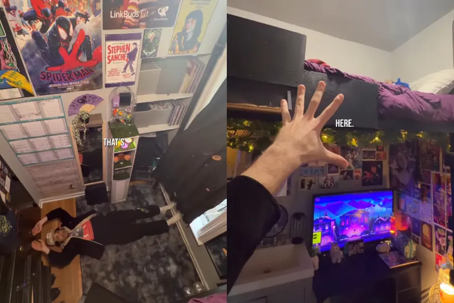 A split image showing the incredibly narrow 44-square-foot New York City apartment decorated with posters and the shocked reaction of social media influencer Caleb Simpson