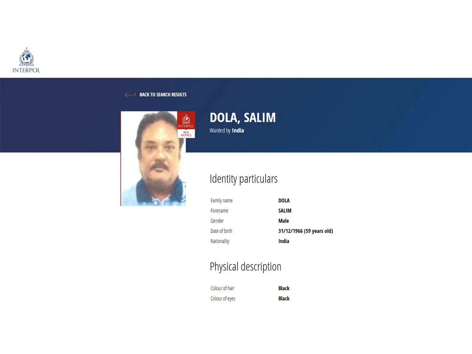 Salim Dola profile in the Interpol notice