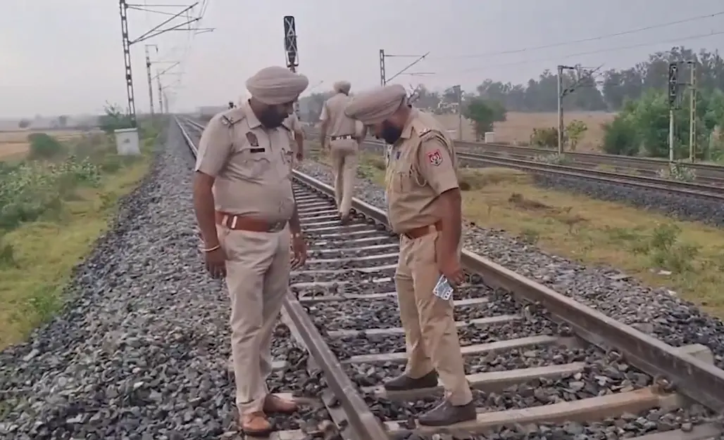 Punjab Police inspecting the railway track where the blast occurred on Monday