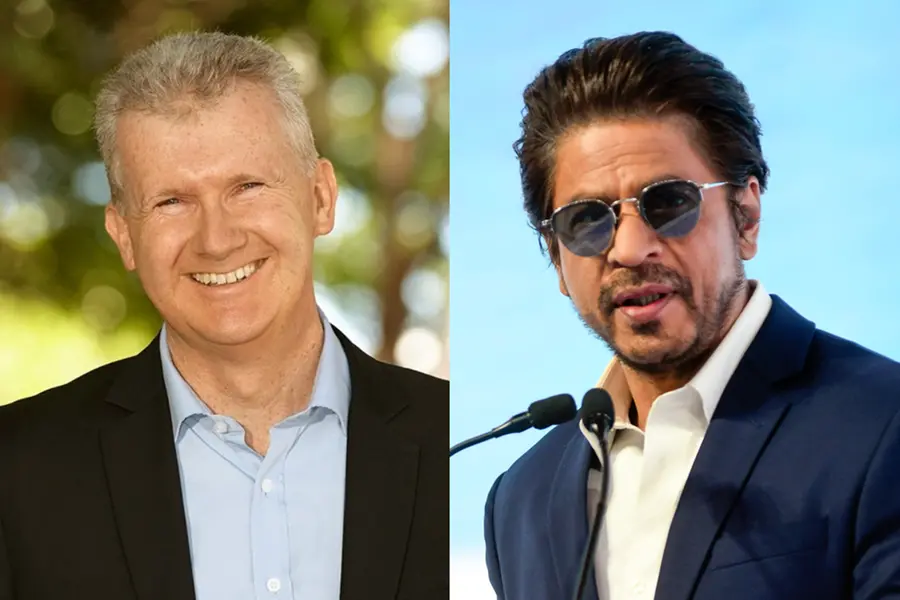 A collage featuring Australian Minister Tony Burke and Bollywood superstar Shah Rukh Khan, representing the global reach of Indian cinema