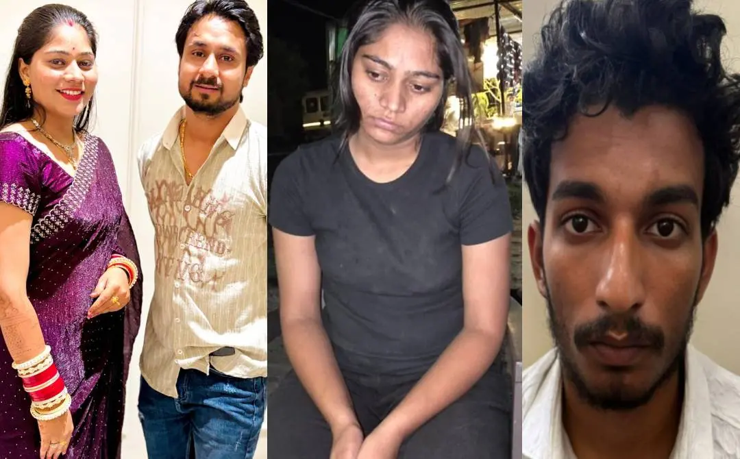സോനവും കൊല്ലപ്പെട്ട രാജാ രഘുവംശിയും(ഇടത്ത്) സോനം രഘുവംശിയും കാമുകന് രാജും അറസ്റ്റിലായശേഷം(വലത്ത്) | Photo: x.com/MrSinha_