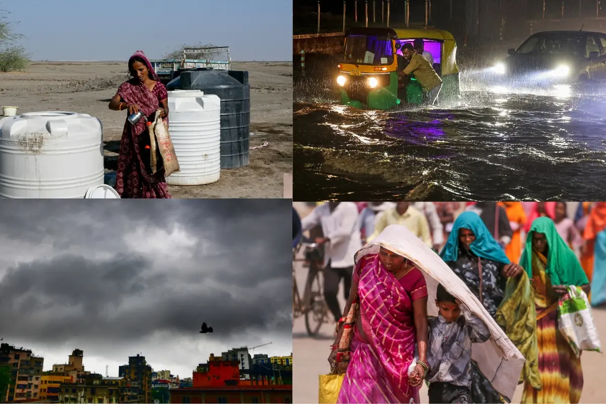 A woman fills drinking water in a traditional bottle next to her home on a hot summer day in Little Rann of Kutch; Commuters make their way through a waterlogged Mysore Road following heavy rain, in Bengaluru; Dark clouds cover the skyline, in Guwahati; Women cover themselves on a hot summer day, in Prayagraj, Uttar Pradesh. | Photo: PTI