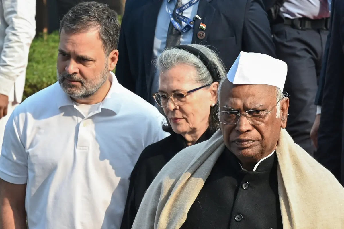 Congress President Mallikarjun Kharge, Congress Parliamentary Party Chairperson Sonia Gandhi, and Lok Sabha LoP and Congress MP Rahul Gandhi.| File image: ANI