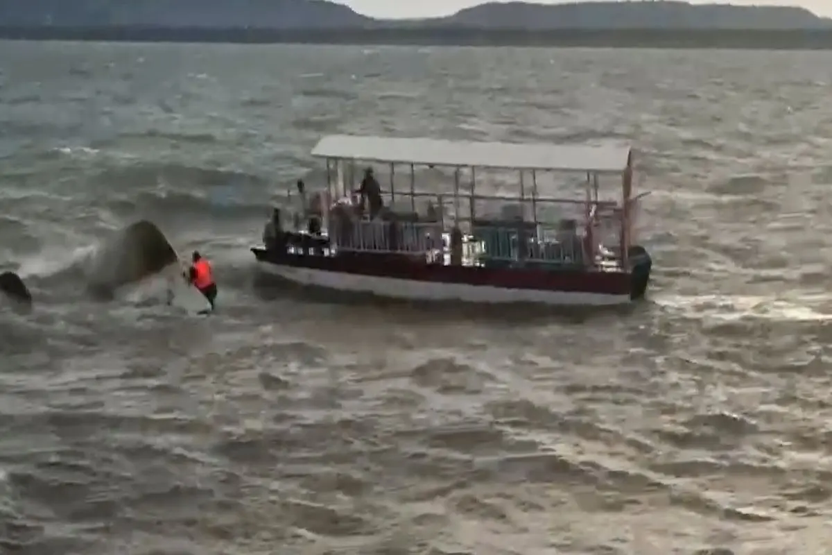 A cruise boat carrying 35 to 40 passengers overturns in the Bargi river, in Jabalpur district, Madhya Pradesh. | Screengrab/PTI