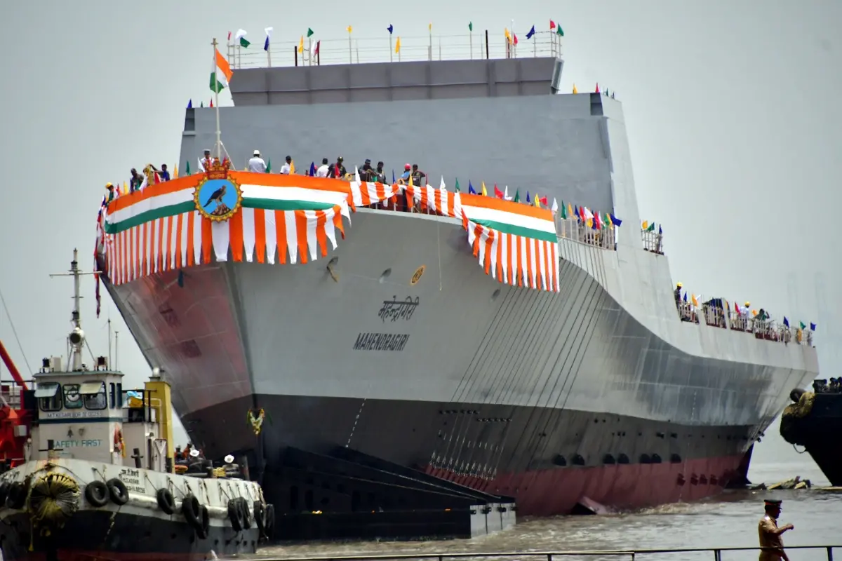 Mahendragiri, the seventh ship of the Project 17A Frigates, anchored at Mazagon Dock Shipbuilders Ltd during its launch, in Mumbai.| Photo: ANI