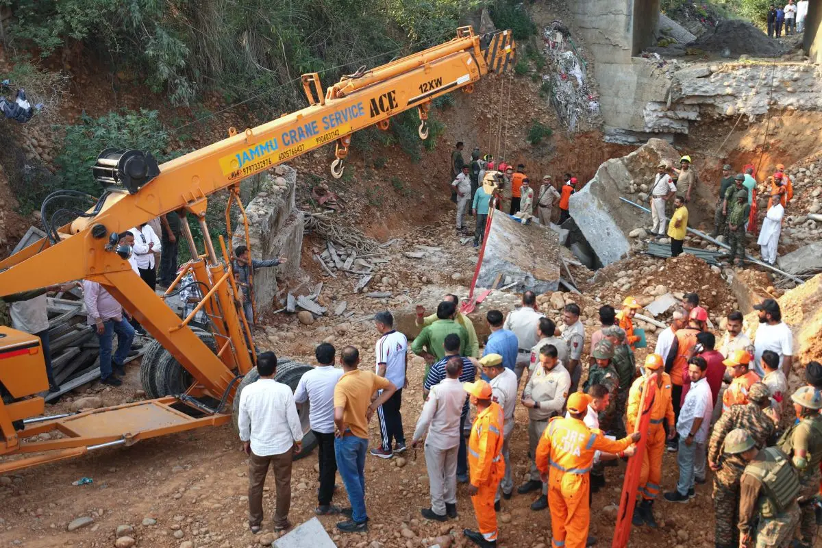 Rescue operation underway after an under-construction bridge collapsed on Bantalab Road, on the outskirts of Jammu, Friday, May 1, 2026 (Photo: PTI)