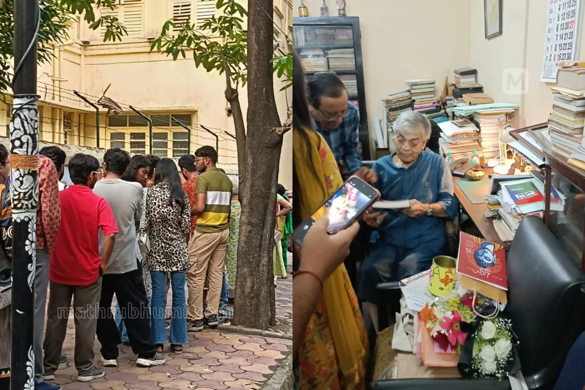 സത്യജിത് റായിയുടെ വീട്ടിലേക്കെത്താന് വരി നില്ക്കുന്ന ചലച്ചിത്ര പ്രേമികള്, വീടിന്റെ സ്വീകരണമുറിയില് മകന് സന്ദീപ് റായി സന്ദര്ശകരോടൊപ്പം | Photo: Mathrubhumi