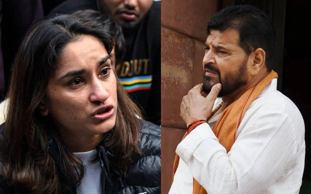 File Photo: Wrestler Vinesh Phogat and former Wresting Federation of India (WFI) president Brij Bhushan Sharan Singh | ANI