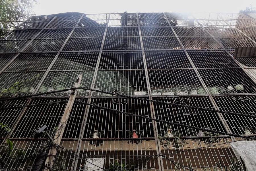 A view of the four-storey residential building in the Vivek Vihar area after a massive fire breaks out resulting in nine deaths and some injuries