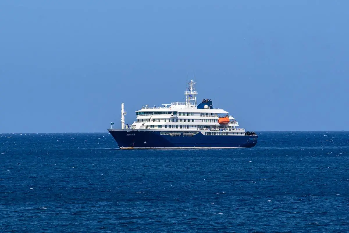 A general view of the cruise ship MV Hondius stationary off the port of Praia, the capital of Cape Verde