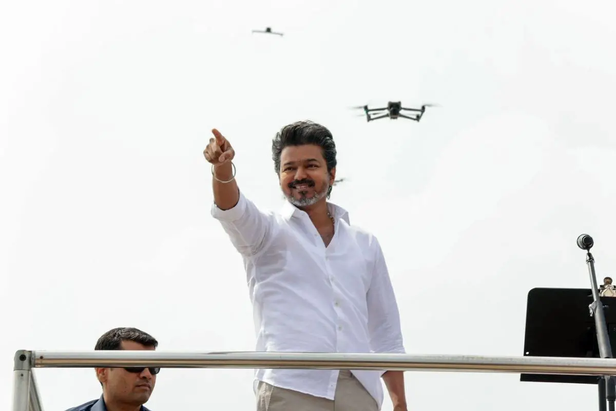 Tamilaga Vettri Kazhagam (TVK) chief Vijay addresses a public meeting, in Puducherry (Photo: PTI)