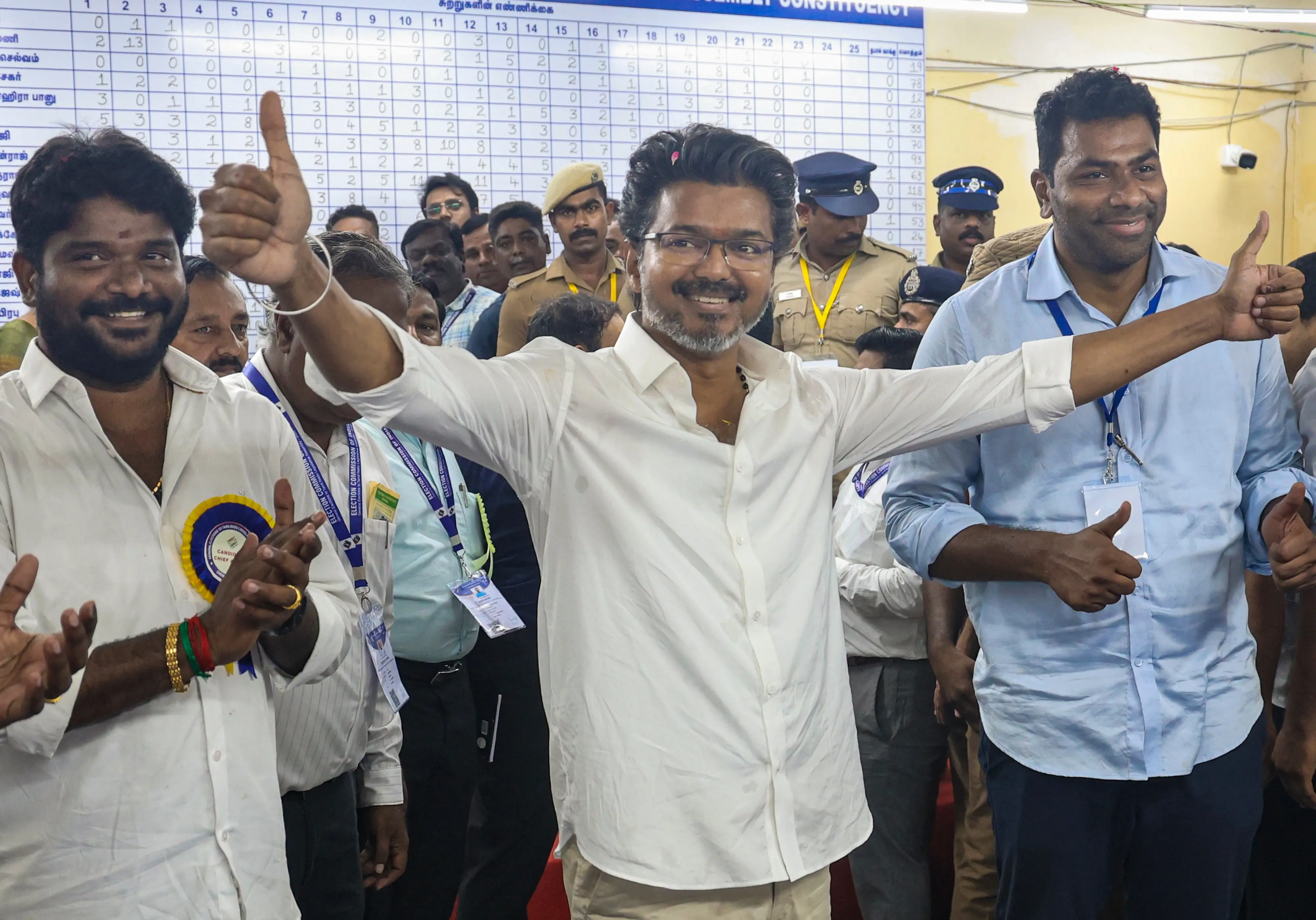 Tamilaga Vettri Kazhagam (TVK) chief Vijay celebrates after winning in the Tamil Nadu Assembly elections results in Chennai on Monday, May 4, 2026 | Photo: PTI