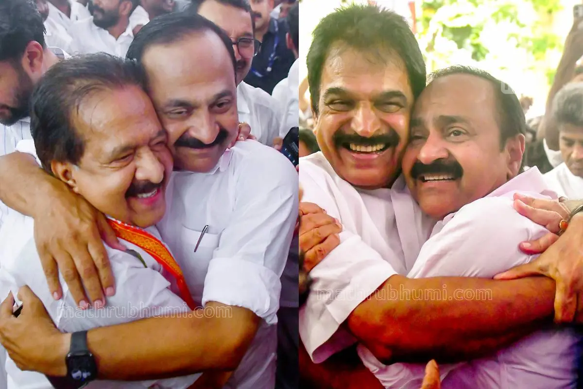 കെ.പി.സി.സി. ആസ്ഥാനമായ ഇന്ദിരാഭവനിൽ യു.ഡി.എഫ്. വിജയാഘോഷത്തിനിടെ പരസ്പരം ആശ്ലേഷിക്കുന്ന രമേശ് ചെന്നിത്തലയും വി.ഡി. സതീശനും, കെ.സി. വേണുഗോപാലും| ഫോട്ടോ: ബി. മുരളീകൃഷ്ണൻ