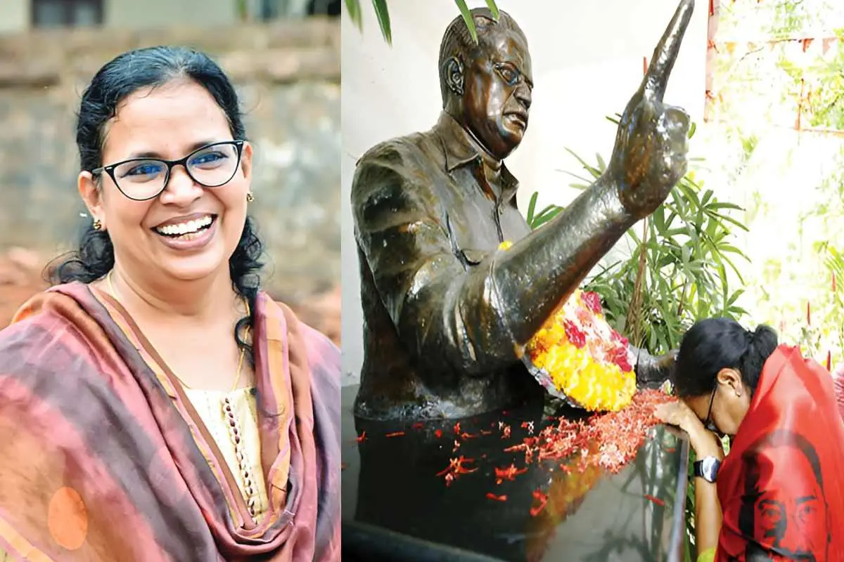 കെ.കെ. രമ(ഇടത്ത്, ഫയല്ചിത്രം) വിജയം ഉറപ്പിച്ചശേഷം കെ.കെ. രമ ടി.പി. ചന്ദ്രശേഖരന്റെ പ്രതിമയ്ക്കുമുന്നില് വികാരാധീനയായപ്പോള്(വലത്ത്) |-ഫോട്ടോ: പി. കൃഷ്ണപ്രദീപ്