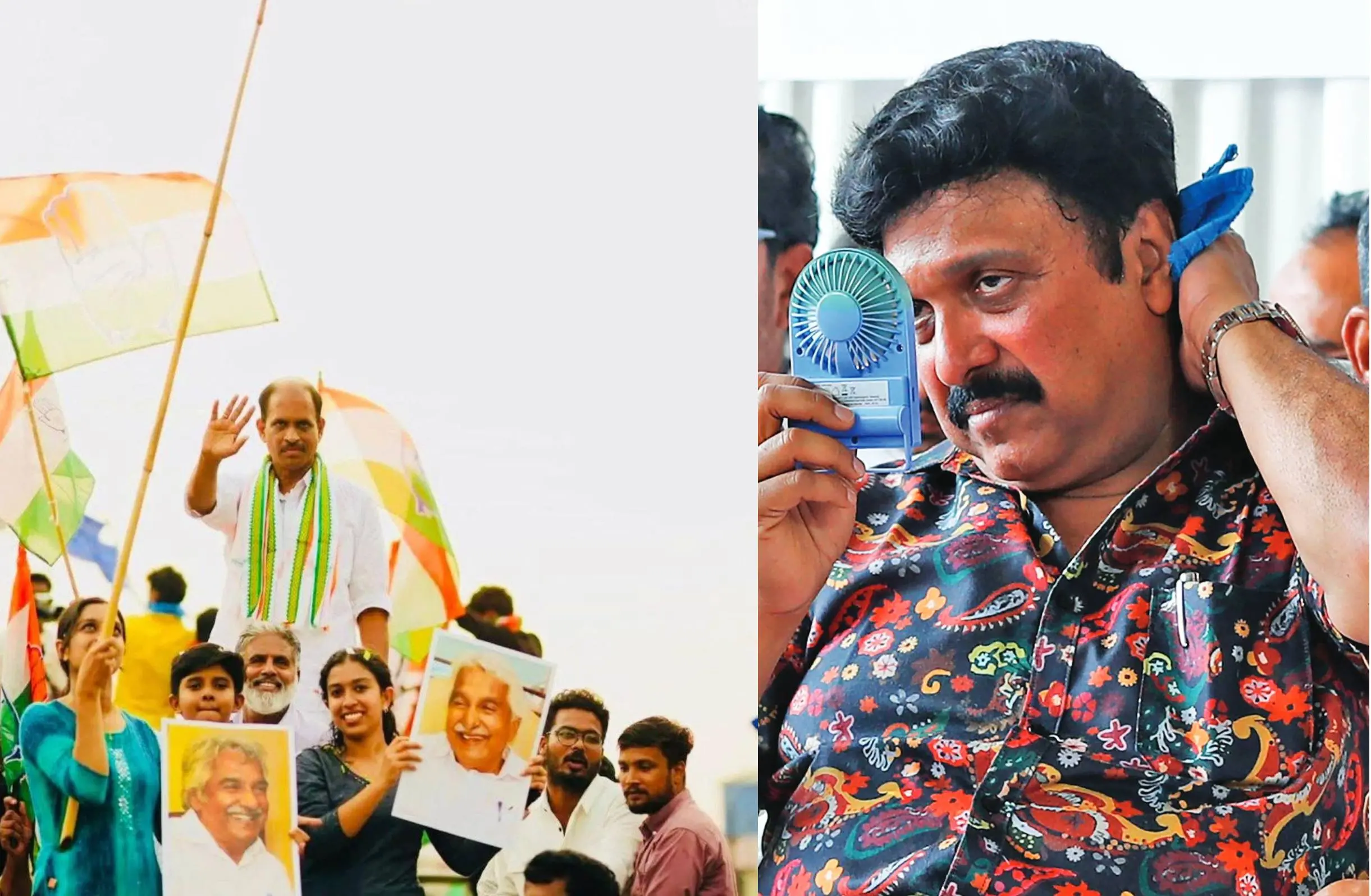 (L) Photo posted by Jyothi Kumar Chamakkala after his victory in Pathanapuram; (R) Ganesh Kumar.