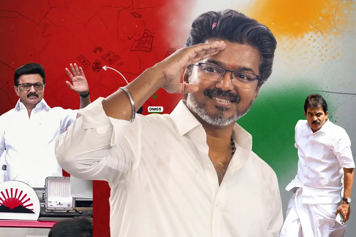 Vijay (TVK leader), MK Stalin (DMK chief), and KC Venugopal (AICC general secretary) amid Tamil Nadu's post-election alliance talks and power realignment.