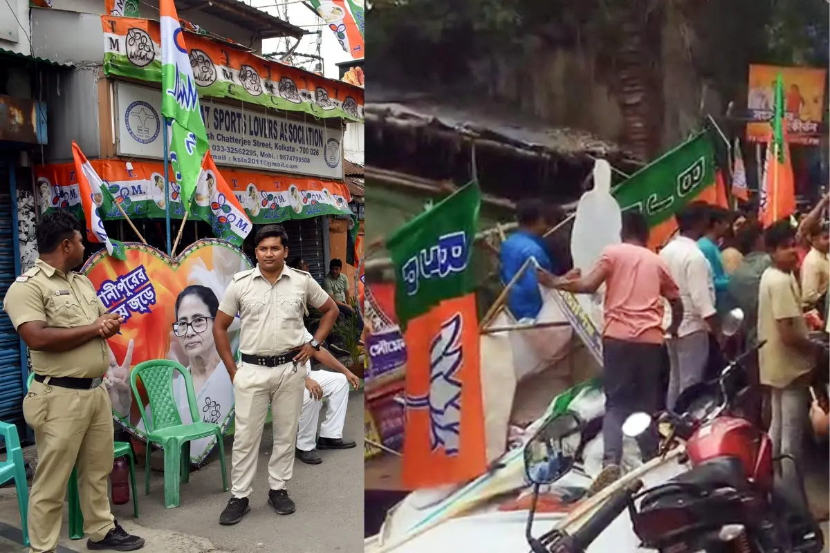 TMC office is being vandalised near Dasnagar in the Shibpur Assembly Constituency, in Howrah.| Photo: ANI