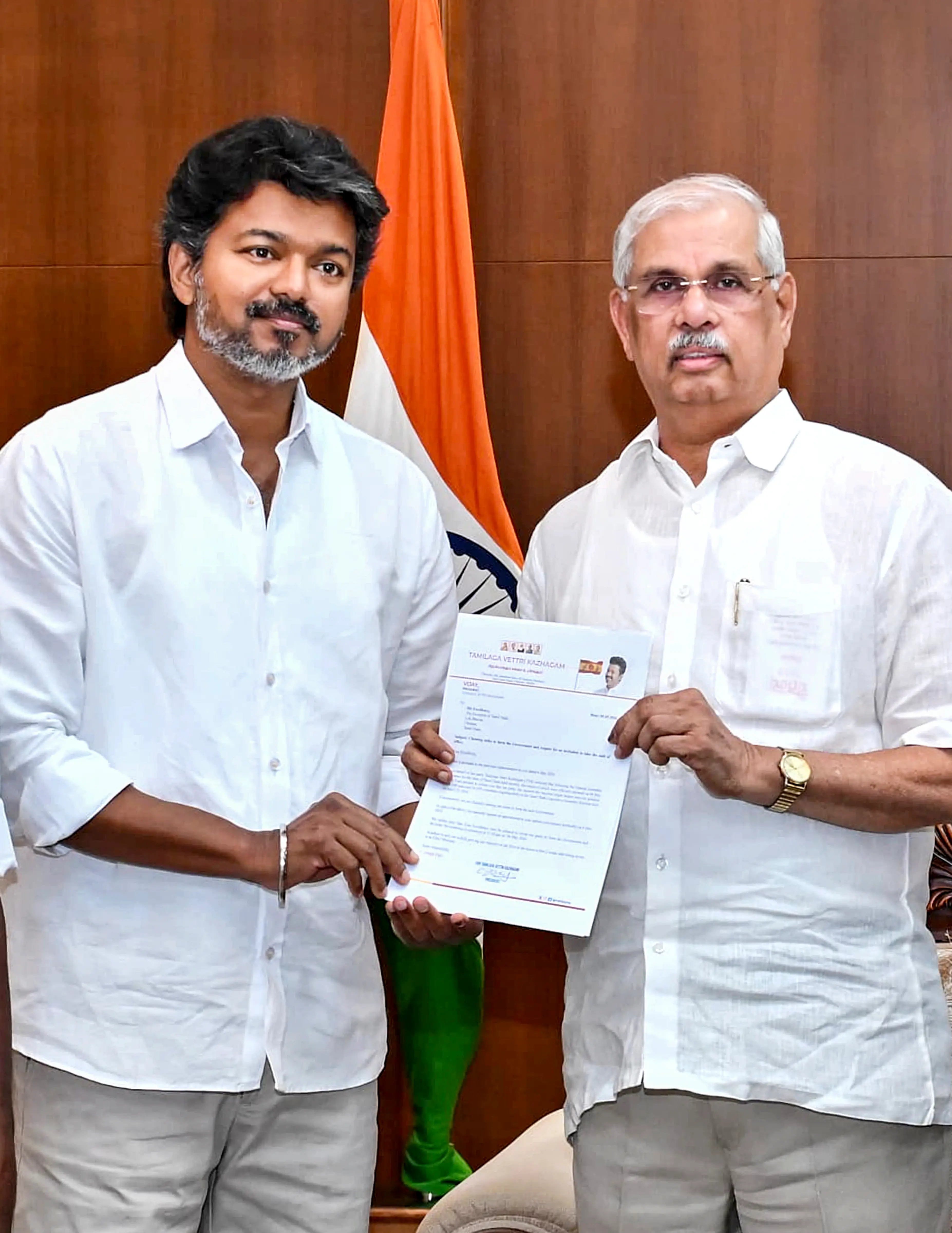 Tamil Nadu Governor Rajendra Arlekar with Tamilaga Vettri Kazhagam (TVK) chief Vijay during a meeting at Lok Bhavan in Chennai on Wednesday, May 6, 2026 | Photo: PTI