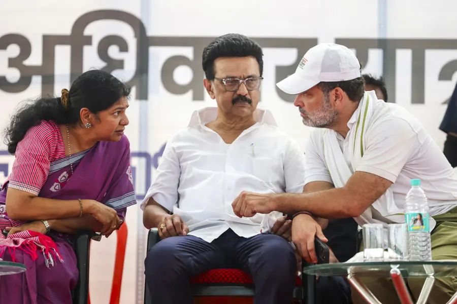 LoP in the Lok Sabha and Congress leader Rahul Gandhi, Tamil Nadu Chief Minister MK Stalin and DMK MP Kanimozhi
