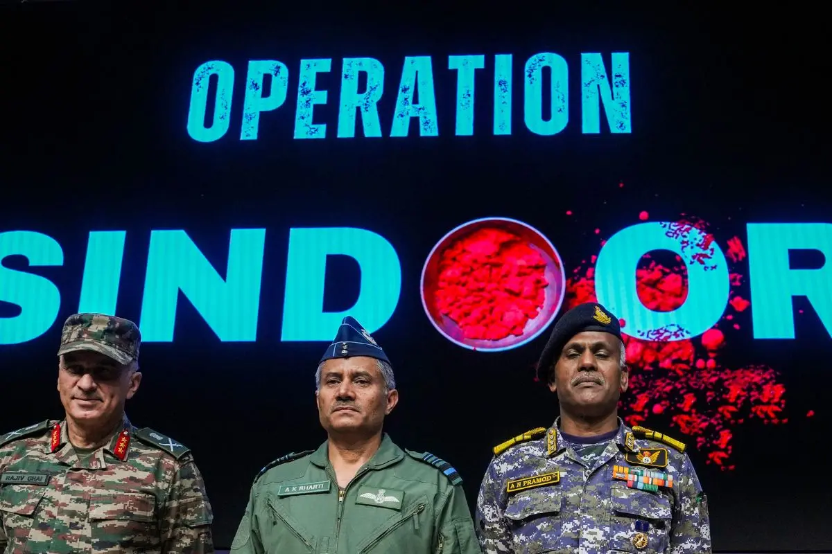Director General of Military Operations (DGMO) Lt General Rajiv Ghai with Air Marshal AK Bharti and Vice Admiral AN Pramod during a press conference on 'Operation Sindoor', in New Delhi, Monday, May 12, 2025. (PTI Photo/Manvender Vashist Lav)