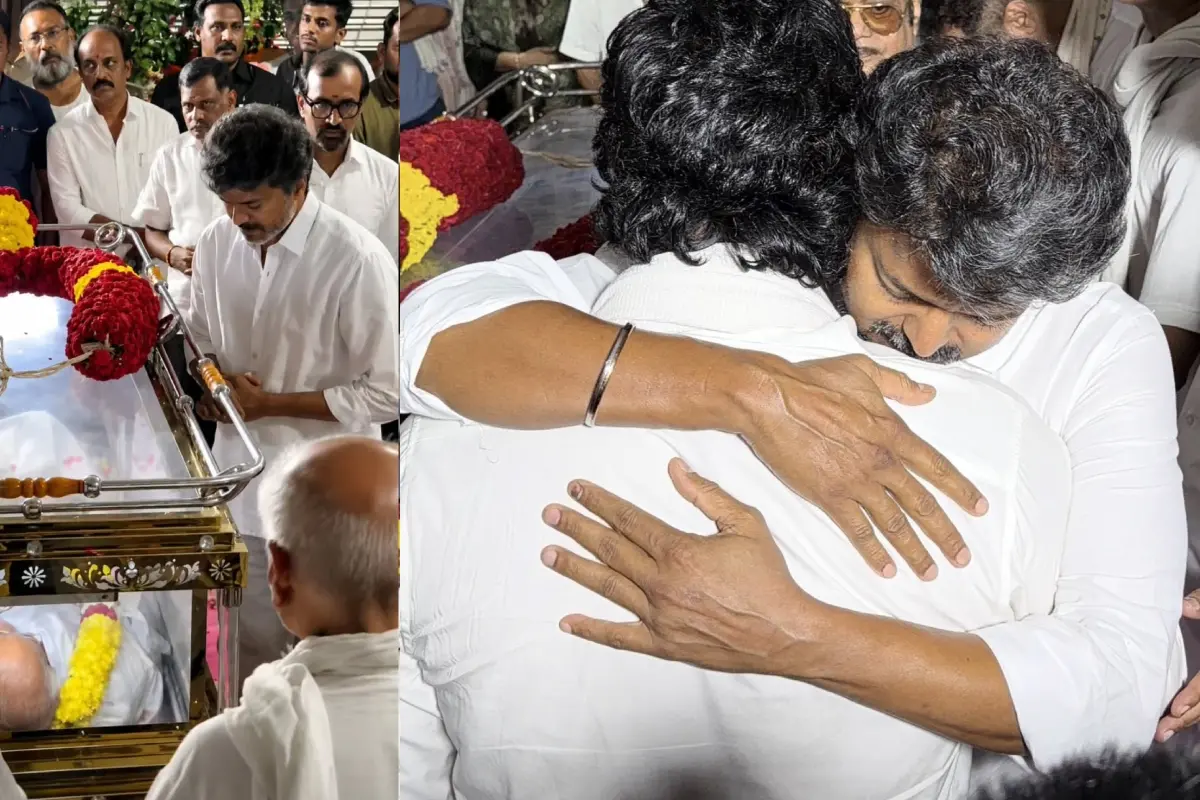 വിജയ് ആര്.ബി. ചൗധരിക്ക് അന്ത്യോപചാരം അര്പ്പിക്കാന് എത്തിയപ്പോള്, ജീവയെ ആശ്വസിപ്പിക്കുന്ന വിജയ് | Photo: X/ Viju Charlie, Tharani RTK