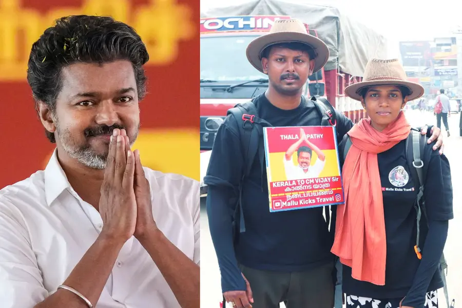 Muhammad Rafi and Shahana carrying a placard of Vijay while walking on the road towards Chennai