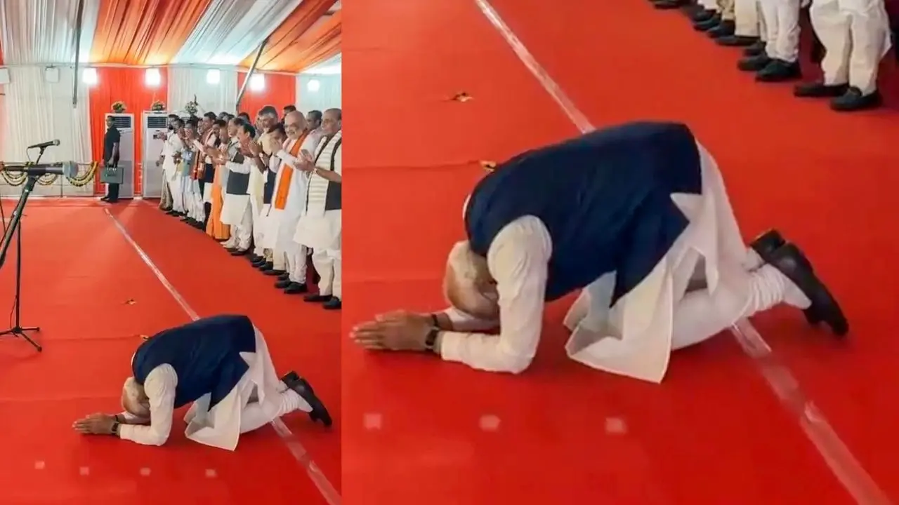 സദസ്സിനുനേരെ നമസ്കരിക്കുന്ന പ്രധാനമന്ത്രി നരേന്ദ്രമോദി | Photo: ANI