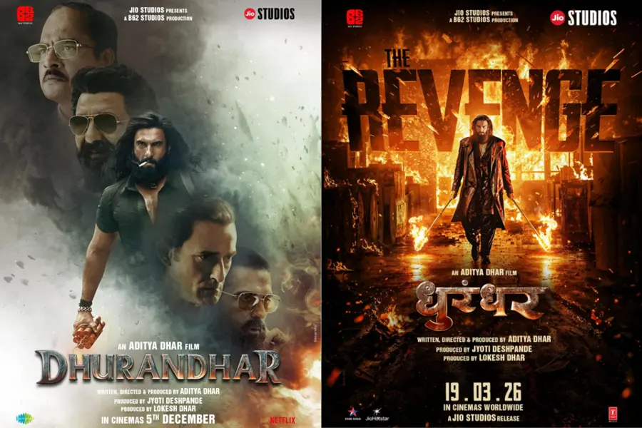 Posters of the hit movies Dhurandhar 1 & 2, hinting at the upcoming third installment in the franchise