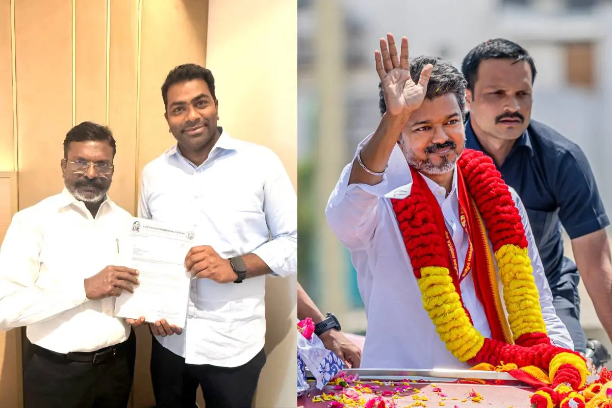 വിജയ്ക്ക് പിന്തുണ അറിയിച്ചുള്ള കത്ത് കൈമാറുന്ന തോല് തിരുമാവളവന്, വിജയ്